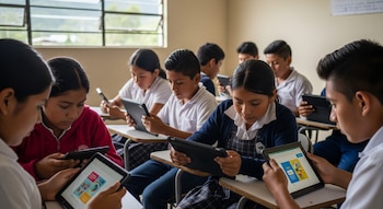 Grupo de jóvenes y señoritas sentados en pupitres de un aula, cada uno sujetando y mirando una tableta digital encendida, con una ventana al fondo.