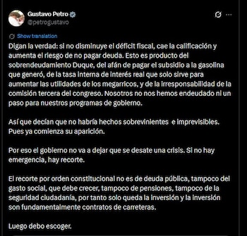 Gustavo Petro atribuye el desbalance