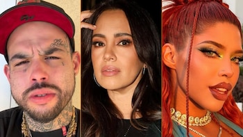 Montaje de tres primeros planos: Emiliano Aguilar (izq.), Rosa María Noguerón (centro) y Yeri Mua (der.). Aguilar lleva gorra, Noguerón cabello oscuro, y Mua cabello rojo y collar