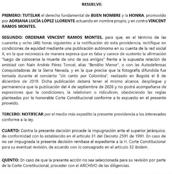La cantante Adriana Lucía López Llorente confirmó que el ciudadano Vincent Ramos Montes deberá rectificar las afirmaciones con las que la vinculó con grupos armados.