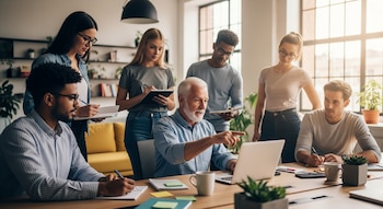 Un hombre mayor con barba blanca apunta a una laptop en una mesa de madera, rodeado por seis colegas jóvenes en una oficina moderna con luz natural.