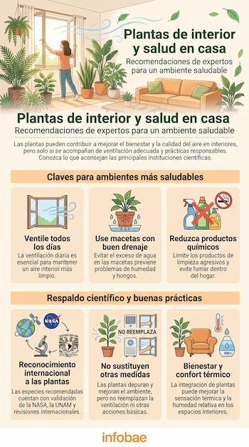 Infografía: mujer abriendo ventana entre plantas, iconos de ventilación, maceta con drenaje, productos químicos tachados, logos NASA y UNAM, planta con termómetro.