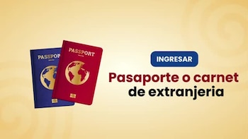 Dos pasaportes ilustrados, uno azul y otro rojo, junto a un botón con la palabra ingresar y la frase pasaporte o carnet de extranjeria