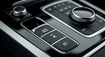 Primer plano de la consola central de un coche moderno, mostrando un botón "Auto Hold" iluminado en verde y la letra A, rodeado de superficies negras y plata.