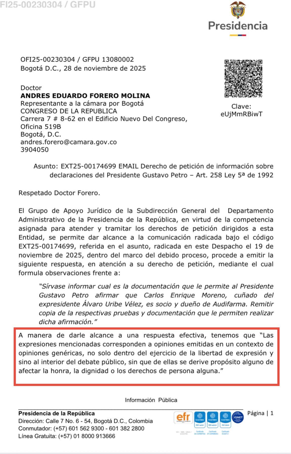 La respuesta del Gobierno nacional se basó en que Petro se escudaba en la libertad de expresión - crédito @AForeroM/X