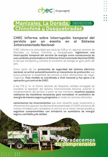 Chec informó que la interrupción del servicio en Manizales, La Dorada, Chinchiná y Dosquebradas se debió a un evento en el Sistema Interconectado Nacional - crédito CHEC Grupo EPM / Facebook