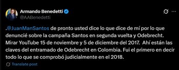 El expresidente colombiano Juan Manuel Santos afirmó que Armando Benedetti es un punto débil en la administración de Gustavo Petro, debido a su desempeño político previo - crédito captura de pantalla / X