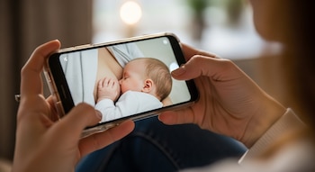 Manos de una mujer sostienen un teléfono celular; en su pantalla se observa la imagen de un bebé amamantándose.