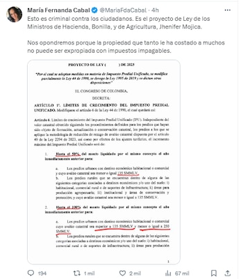 Maria Fernanda Cabal rechazó de manera enfática proyecto presentado por el Ministerio de Hacienda y Agricultura - crédito Maria Fernanda Cabal / X
