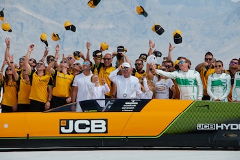 La FIA validó la marca de Andy Green con el JCB Hydromax como récord de velocidad en la categoría de vehículos impulsados por hidrógeno (AP Foto/Hannah Schoenbaum)