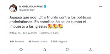 A través de Twitter, Miguel Polo Polo celebró el hundimiento del impuesto a las iglesias contemplado en la reforma tributaria.
FOTO: vía Twitter (@MiguelPoloP)