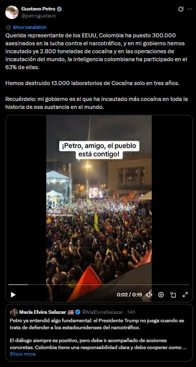 Gustavo Petro le recordó a María Elvira Salazar todo lo que el actual gobierno colombiano ha hecho en la lucha contra el narcotráfico - crédito @petrogustavo