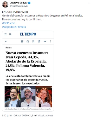 Gustavo Bolívar enfatizó cercanía de la victoria progresista en primera vuelta - crédito @GustavoBolivar/X