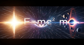 Fórmula E=mc² en el centro, con destellos de luz, planetas y un fondo cósmico en movimiento.