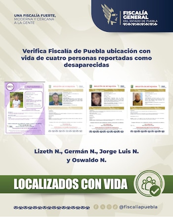 La fiscalía estatal descartó la comisión de delitos y procedió a cancelar las fichas de búsqueda correspondientes. (Crédito: Fiscalía de Puebla)