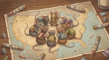 Diez ratones sobre un mapa de Estados Unidos, varios con símbolos genéticos. Tubos de ensayo con calaveras y huesos cruzados rodean el mapa.