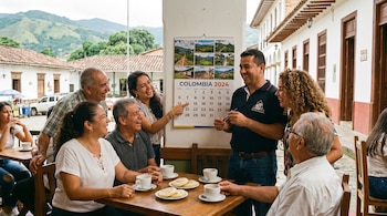 Seis personas alrededor de una mesa de madera con tazas de café y arepas. Un calendario de pared con el texto Colombia 2024 cuelga en un pilar.