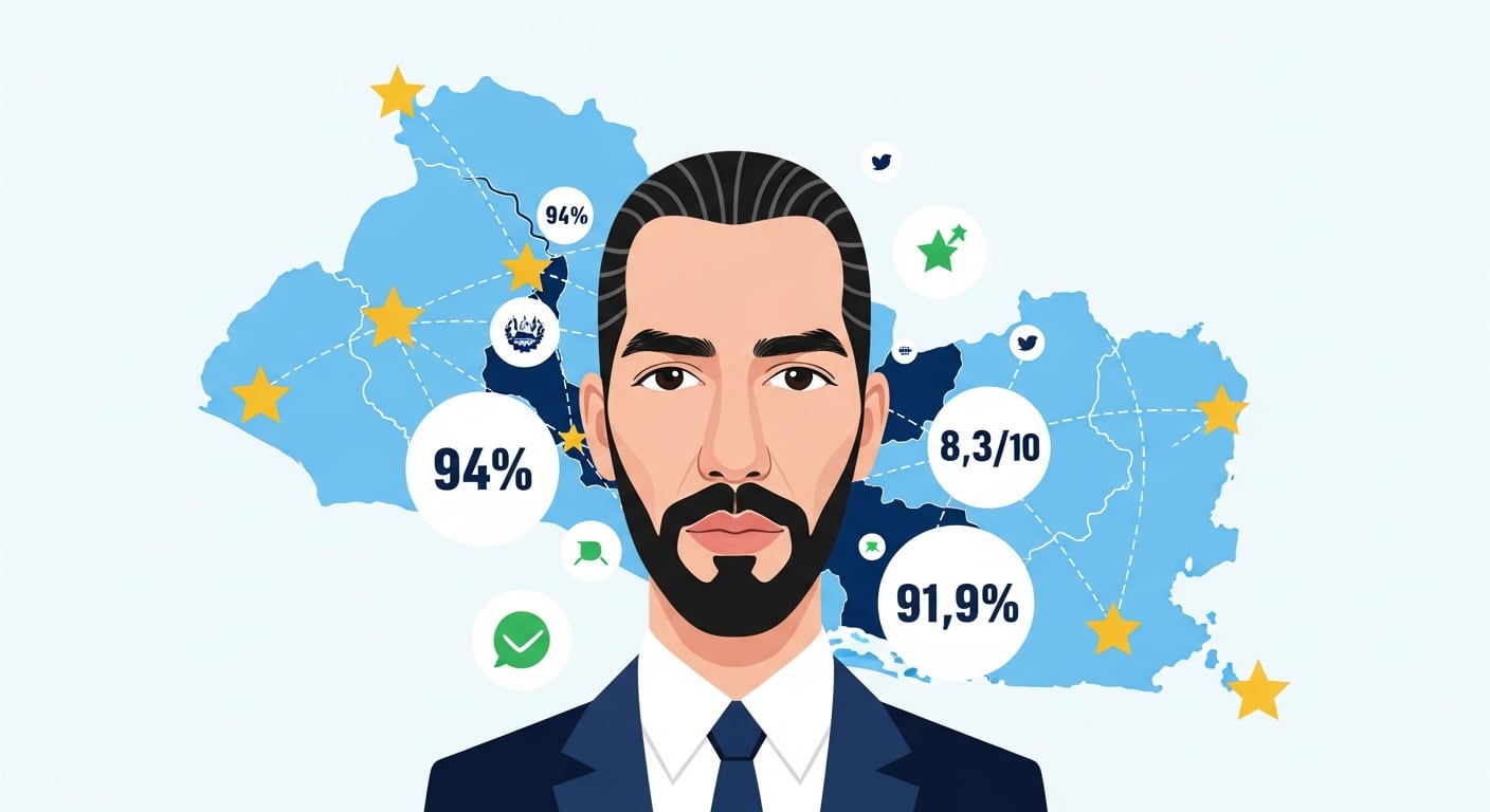 Ilustración de Nayib Bukele, presidente de El Salvador, mostrando su alta aprobación rodeado de indicadores porcentuales y un mapa estilizado de El Salvador con impacto regional e internacional. (Imagen Ilustrativa Infobae)