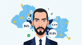 Ilustración plana de Nayib Bukele de busto, con barba y cabello oscuro, rodeado de burbujas con porcentajes de aprobación sobre un mapa abstracto de El Salvador con estrellas.