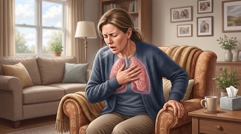 Una mujer sentada en un sillón sostiene su pecho con la mano ante un dibujo transparente de pulmones en el tórax dentro de una sala.