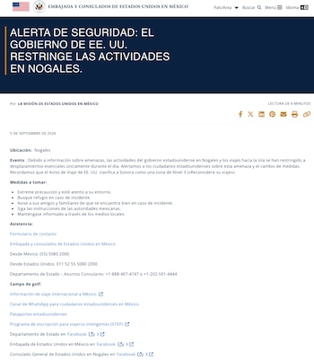 Mensaje del gobierno de EEUU sobre la alerta de seguridad en Nogales. Crédito: Embajada y Consulados de EEUU en México