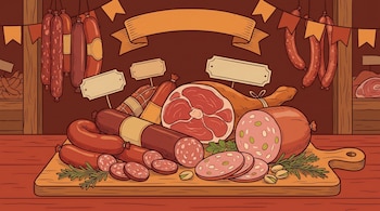Ilustración detallada de varios embutidos y carnes procesadas como salchichas, jamón, mortadela con pistachos y salami en rodajas sobre una tabla de madera.