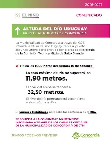 Comunicado oficial con texto sobre la altura del río Uruguay, cifras sobre la cota máxima y el nivel del embalse, e insignias institucionales