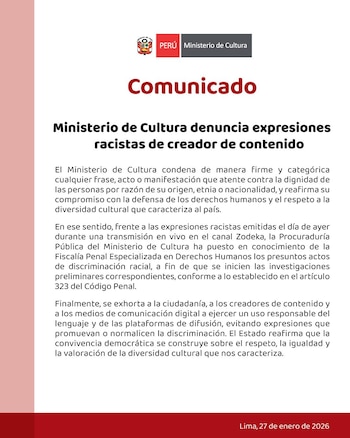 Comunicado del Ministerio de Cultura
