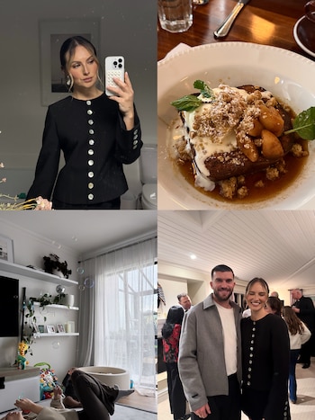 Cuatro imágenes: mujer con blusa negra tomando selfie; plato de postre con frutas, crema y crumble; persona en el suelo con burbujas y bebé; pareja sonriente en evento