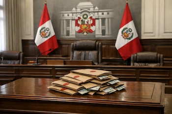 Pila de sobres marrones con billetes de dinero sobre un escritorio. Detrás, dos banderas peruanas y el emblema del Congreso de la República del Perú.