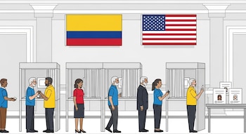 Ilustración de un centro de votación con una fila de personas diversas esperando cabinas. Al fondo, banderas de Colombia y Estados Unidos; en una mesa, papeletas.