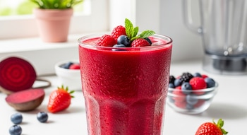 Un vaso lleno de licuado de betabel y frutos rojos, adornado con frambuesas, arándanos y hojas de menta, sobre una mesa blanca con ingredientes.