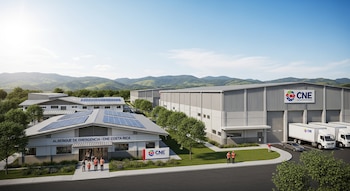 Complejo moderno de albergues y bodegas con paneles solares y el logo de CNE. Se ven camiones, personas y montañas de fondo, bajo un cielo claro.