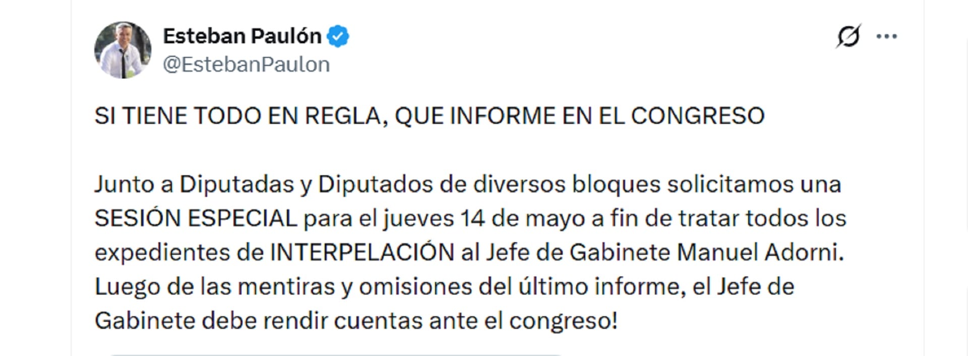 Esteban Paulón uno de los diputados que impulsa la moción de censura contra Adorni