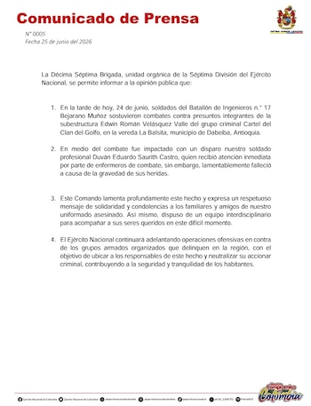 El comunicado del Ejército se difundió el 25 de junio de 2026 - crédito Ejército Nacional de Colombia