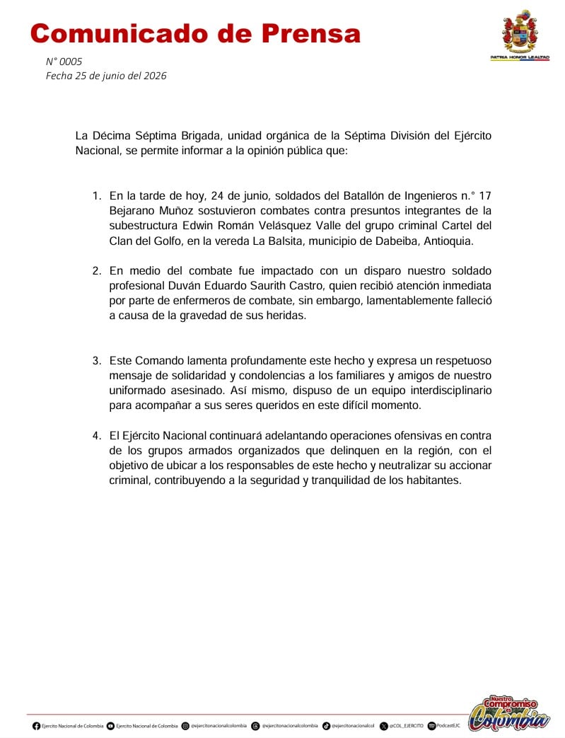 El comunicado del Ejército se difundió el 25 de junio de 2026 - crédito Ejército Nacional de Colombia