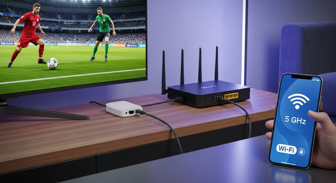 Una sala de estar moderna muestra un Smart TV con un partido de fútbol, conectado a un router de fibra óptica, y un celular con Wi-Fi 5 GHz que indica una conexión rápida para streaming. (Imagen Ilustrativa Infobae)