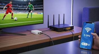 Smart TV con partido de fútbol, router de fibra óptica, dispositivo de red, cables, mano sosteniendo un celular con Wi-Fi 5 GHz, y sofá en sala de estar.