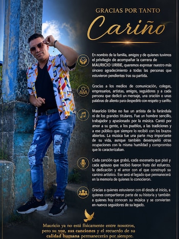 La familia, amigos, colegas y seguidores de Mauricio Uribe recibieron un agradecimiento por las muestras de cariño y solidaridad - crédito mauriciouribe_yvuelvemao/IG