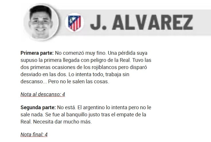 Duro análisis contra Julián Álvarez tras la Real Sociedad