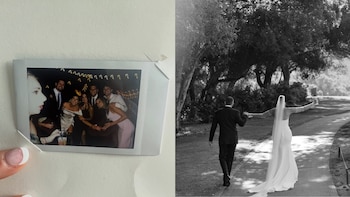 Manos sostienen una foto instantánea de un grupo de personas sonriendo; al lado derecho, una pareja de espaldas camina en un sendero arbolado