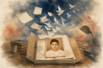 Un expediente abierto con la foto en sepia de un niño sobre un escritorio con libros, una lámpara y hojas desprendidas que se vuelven aves.