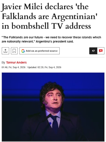 Titulo de Daily express sobre el discurso de Milei (Captura de pantalla)