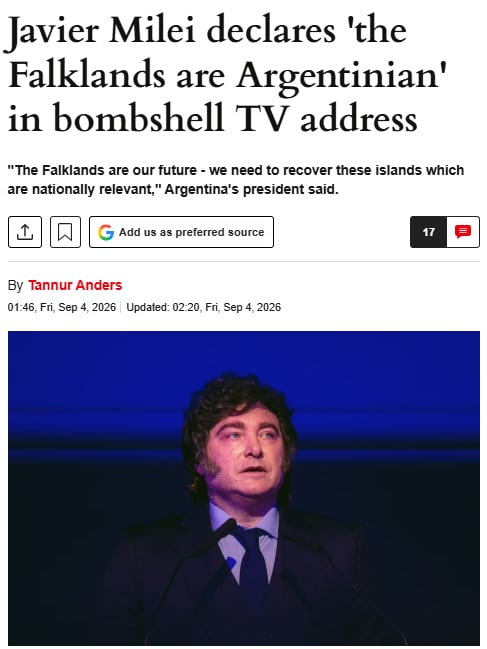 Titulo de Daily express sobre el discurso de Milei (Captura de pantalla)