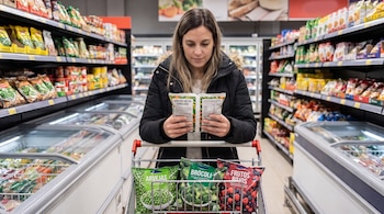 Mujer junto a un carrito con bolsas de arvejas, brócoli y frutos rojos sostiene un paquete de verduras congeladas en un supermercado.