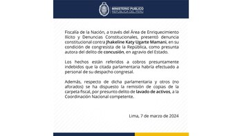 Katy Ugarte: Fiscalía presenta denuncia