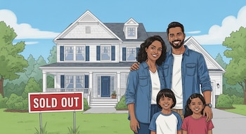 Ilustración de familia latina sonriente (padres, niño, niña) frente a casa blanca de dos pisos con detalles azules y cartel "SOLD OUT" en césped.