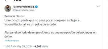 Paloma Valencia dijo que una constituyente que no pase por el Congreso es ilegal - crédito @PalomaValenciaL