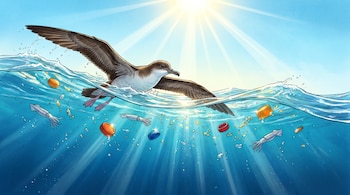Ilustración de un ave marina que vuela al ras del mar sobre calamares y tapas de botellas plásticas sumergidas bajo la luz solar.