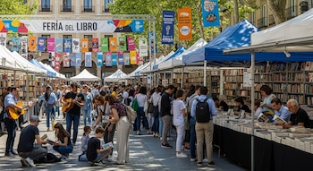 Vista aérea de una concurrida Feria del Libro al aire libre con múltiples puestos bajo carpas, gente hojeando libros y músicos tocando guitarras.